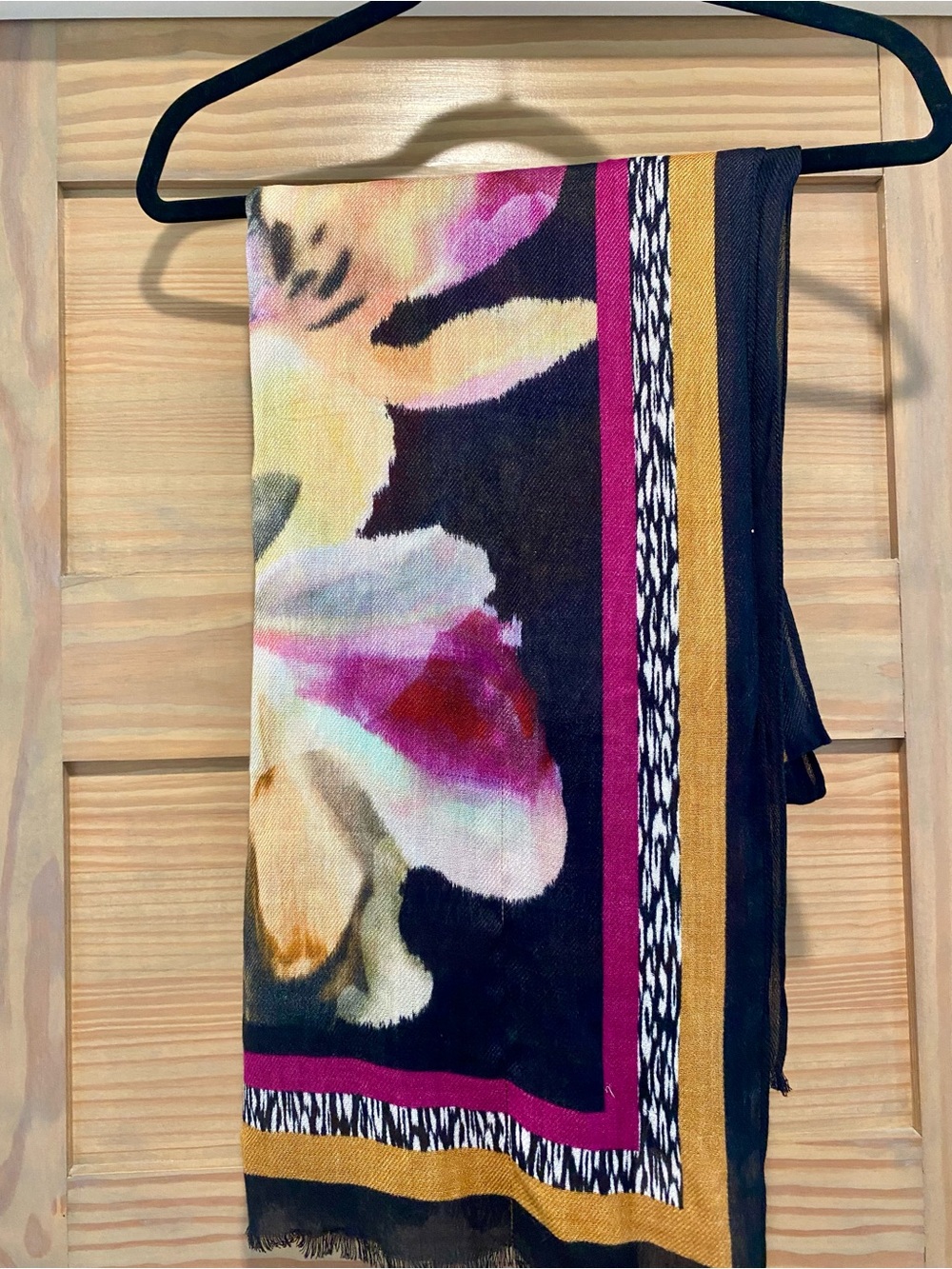 Floral Border Lightweight Scarf in Black, Pink & Gold